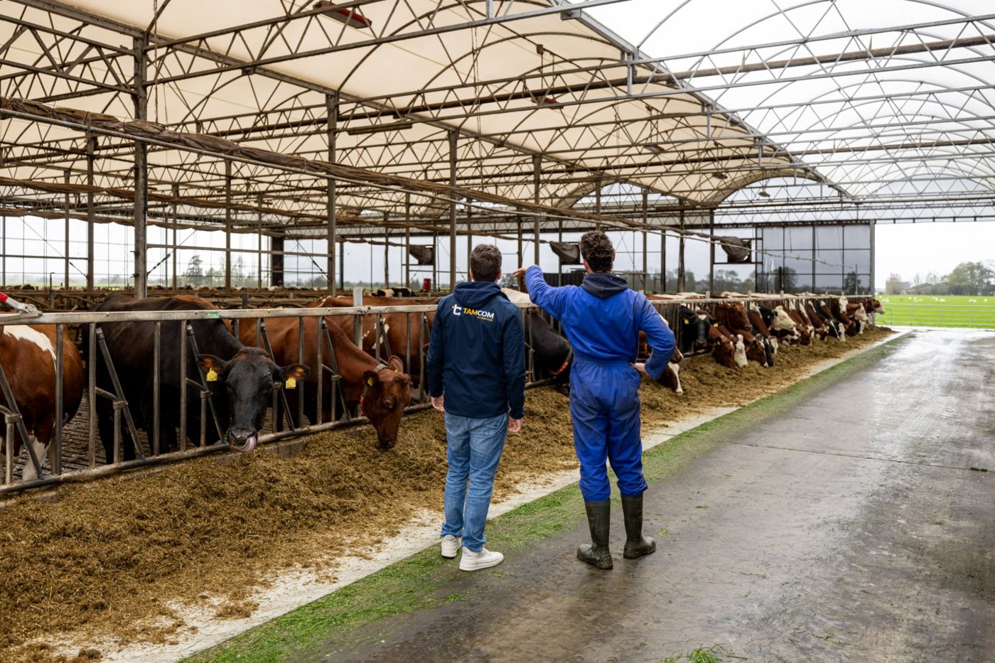 Collega van TamCom in gesprek met een melkveehouder in de stal